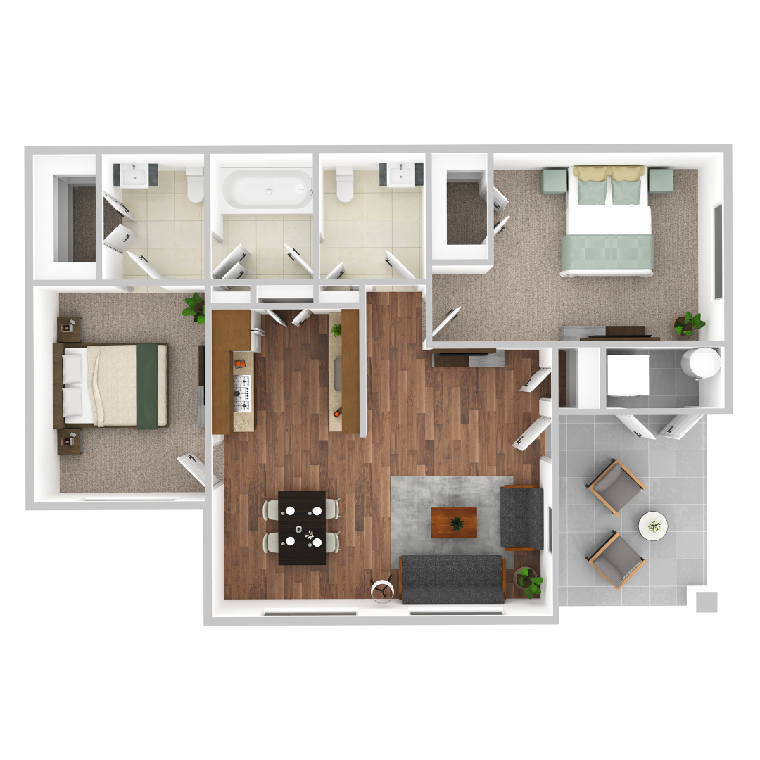 Floor plan for 2 beds, 2 baths, 1079 sqft